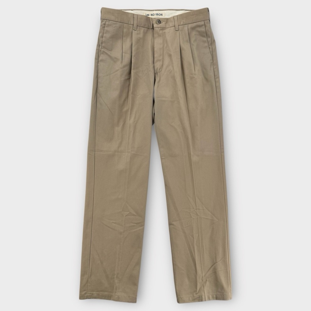 Lee No Iron Pants Mens 34x32 Relaxed Fit Pleated Khaki Cotton Chino Slacks NWT
